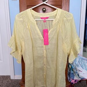 Lilly Pulitzer Light Yellow Linen Blouse with Ruffled Sleeves